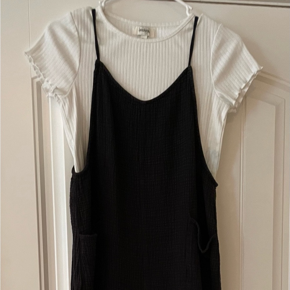 Speechless Black Textured Spaghetti-Strap Jumpsuit with White Tee Layer